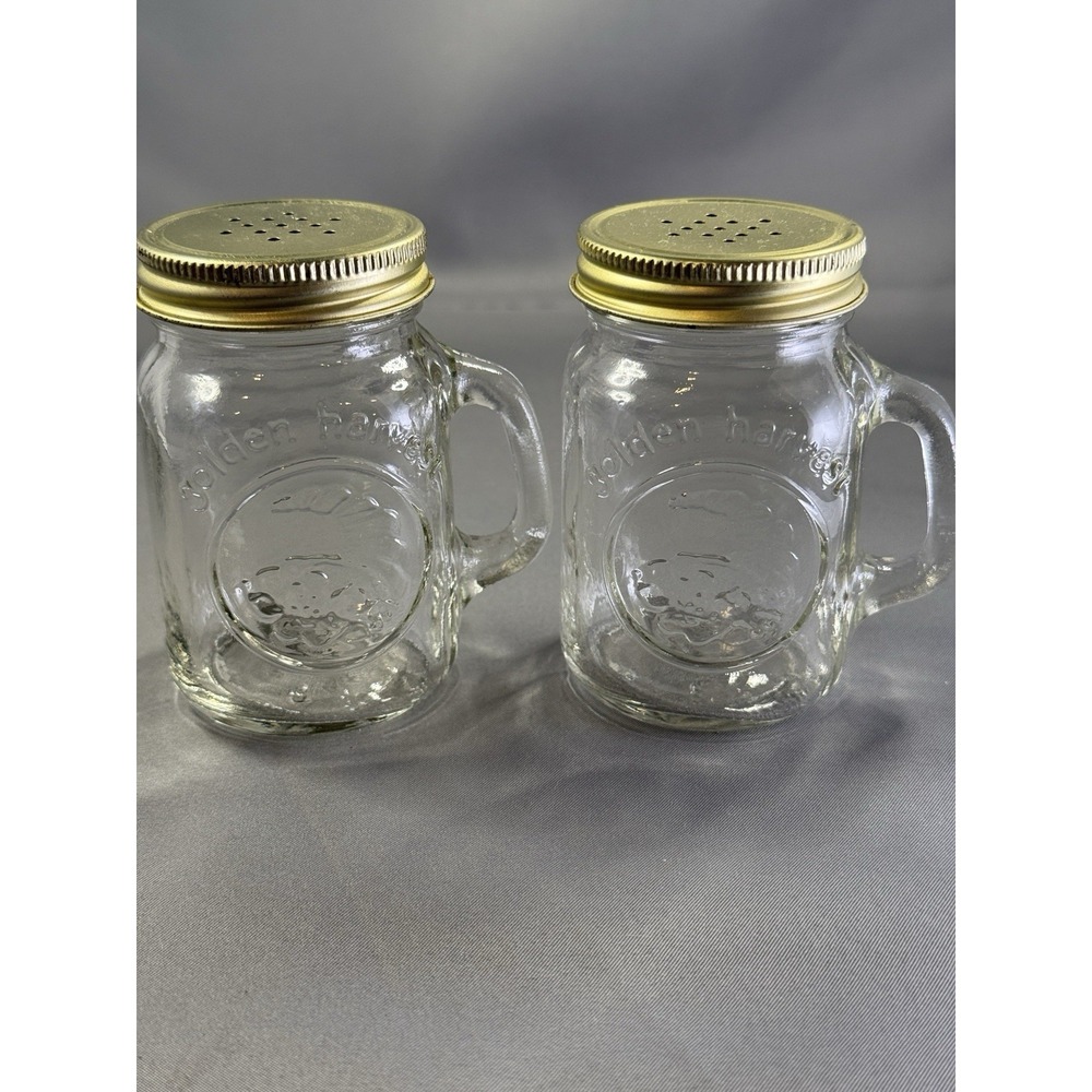 Golden Harvest Mason Jar Glass Shakers Set of 2 with Handles & Gold Lids
